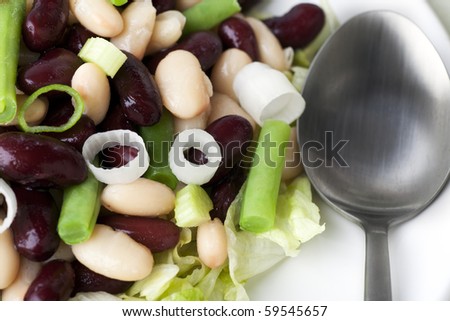 Close up of three bean salad with cannellini, kidney and green beans, on a bed of iceberg lettuce.