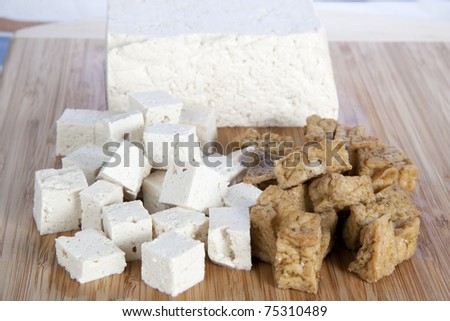 Various vegetarian products, raw tofu, marinated tofu.