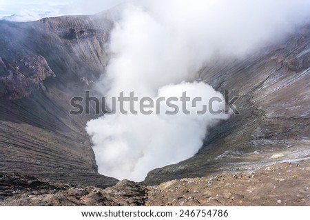 bromo crater with gas smoke