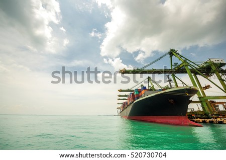 container ship berthing for import and export container box in port, copy space on Left side