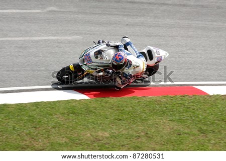 SEPANG,MALAYSIA-OCT.21:Anthony West of MZ Racing Team in action during practice session of Shell Advance Malaysian Moto GrandPrix on Oct. 21 2011 in Sepang, Malaysia.