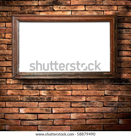 old wood frame white board on Brick Wall - stock photo