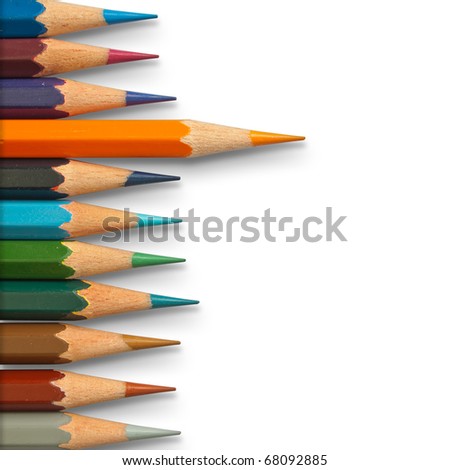 Lead orange color pencil and cool tone color pencil on white background