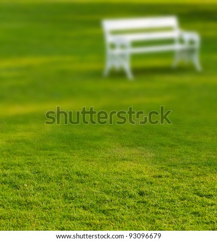 Blurry Long white bench in the park on a beautiful lawn