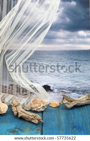 Memories of the Mediterranean Sea, still life with seashells and photo sea photo on background