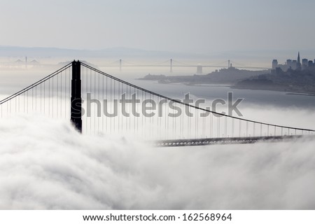 San Fransisco Skyline fog rolling in morning sunrise