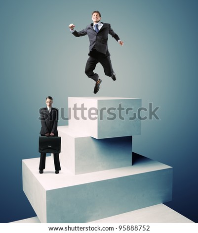 jumping man and sad woman on 3d tower