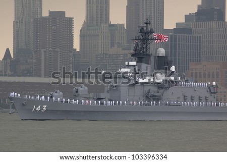 HOBOKEN, NJ  MAY 23: The Japanese warship JS Shirane (Japan) sails on the Hudson River past Manhattan during the Parade of Sail on May 23, 2012 in Hoboken, NJ. The parade is the start of Fleet Week.