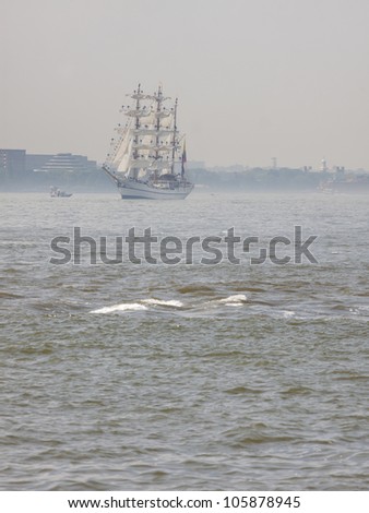 HOBOKEN, NJ - MAY 23: A tall ship sails on the Hudson River towards Manhattan during the Parade of Sails on May 23, 2012 in Hoboken, NJ. The parade marks the beginning of Fleet Week.