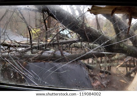 ANDOVER, NJ - OCT 30: A broken window pane from inside a home struck by falling trees after Hurricane Sandy made landfall in the northeast region of the US in Andover, New Jersey on October 30, 2012.