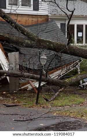 ANDOVER, NJ - OCT 30: A lamppost still standing in front of a tree laying across the front porch of a home after Hurricane Sandy made landfall in the US in Andover, New Jersey on October 30, 2012.