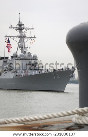 STATEN ISLAND, NY - MAY 21: The guided-missile destroyer USS McFaul (DDG 074) approaches Sullivans Piers where it will be docked during Fleet Week NY on May 21, 2014.