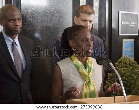 NEW YORK - MAY 5 2015: First Lady Chirlane McCray announces a $78 million budget proposed by her husband Mayor Bill de Blasio for mental health services at a press conference at the Empire State Bldg.