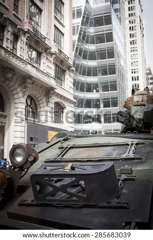 NEW YORK - MAY 21 2015: A US Marine Corp military tank parked on the street during a demonstration for the public at Bryant Park for Marine Day during Fleet Week NY.