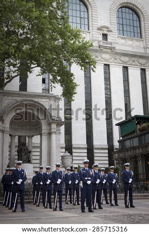 NEW YORK - MAY 21 2015: The US Coast Guard Ceremonial Honor Guard Silent Drill Team perform next to the New York Public Library in Bryant Park during Fleet Week NY 2015.