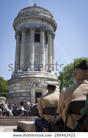NEW YORK - MAY 25 2015: A group of military personnel from the US Marine Corps attend the Memorial Day Observance service at the Soldiers and Sailors Monument  in Manhattan during Fleet Week NY 2015.