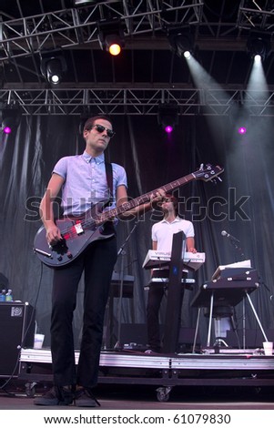 CLARK, NJ - SEPTEMBER 11: Bass player Mike Hindert and Keyboardist John Conway of band The Bravery perform at the Union County Music Fest on September 11, 2010 in Clark, NJ.