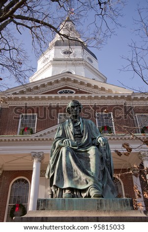 Bronze memorial statue of Roger Brooke Taney on grounds of the Maryland State House in Annapolis, MD. where the General Assembly convenes for three months a year.