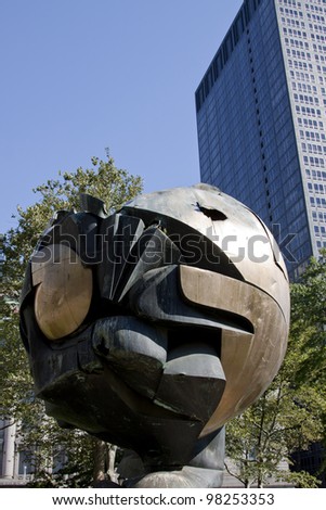 NEW YORK - OCT 8: The Sphere sculpture is shown in Battery Park on October 8, 2011 in New York City. The Sphere, a Fritz Koenig sculpture, was damaged in the terror attacks on September 11, 2001.