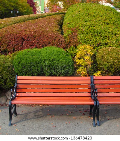 Wooden bench at a beautiful color changing autumn garden.