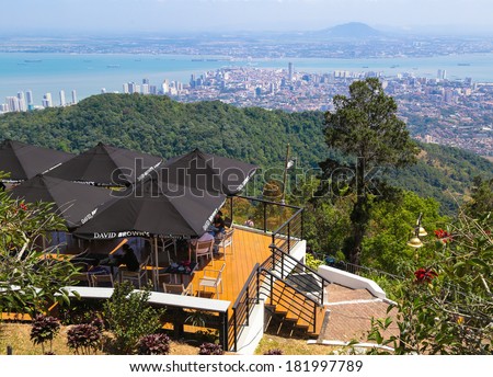 PENANG, MALAYSIA- FEB 2, 2014 : David Brown, a luxury restaurant on top Penang hill, Penang Malaysia. It command a spectacular view of the island at 735m above sea level.