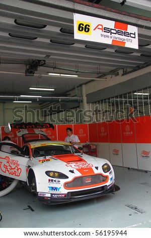 SEPANG, MALAYSIA - JUNE 20: Photo showing A-Speed Aston car 66 team garage at Super GT car race at Sepang Circuit, Malaysia on June 20, 2010