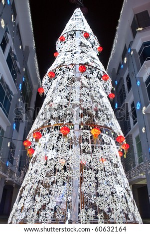 Tower decorated with White LED lights. Concept of energy saving, cool lighting and decoration.