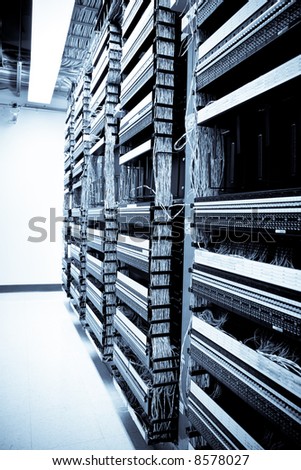A shot of servers and hardware in an internet data center