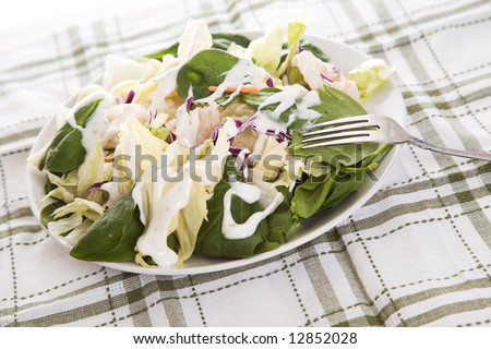 A shot of a plate of salad with ranch dressing