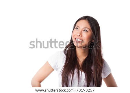 An isolated shot of a beautiful happy asian woman looking up