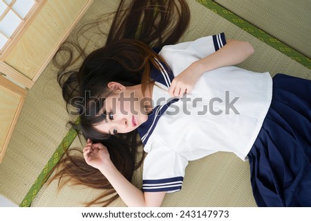 japanese student girl lady in tatami room  asian anime black hair