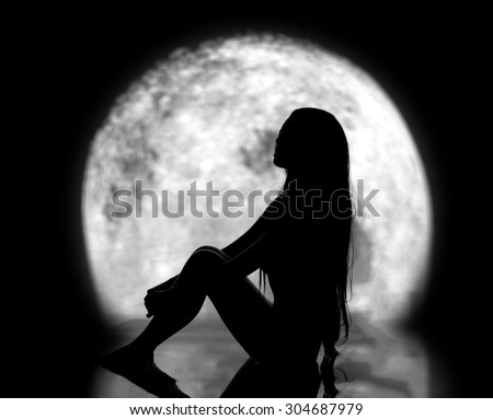 Moonlight Meditation woman sit against the full moon