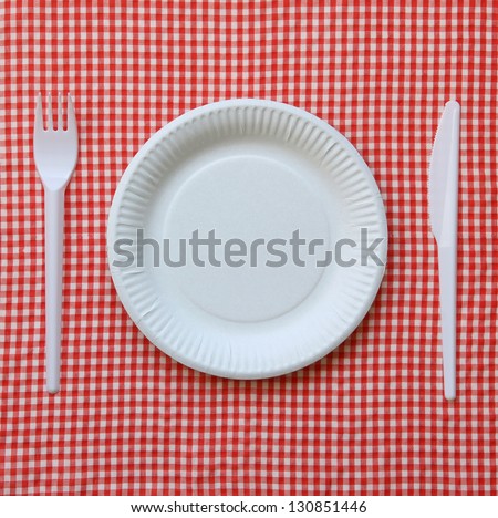 Disposable paper plate on a checkered cloth.
