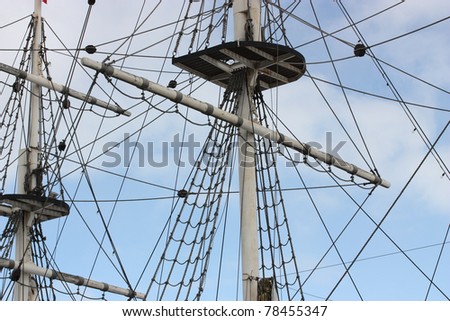 Mast and ropes of the sailing ship.