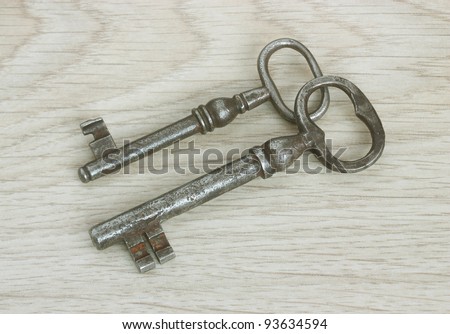 Two ancient keys on a wooden background.