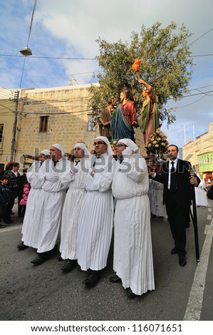 MOSTA, MALTA - APR 22:Biblical enactment of the passion during in the Good Friday procession in the village of Mosta in Malta April 22, 2011
