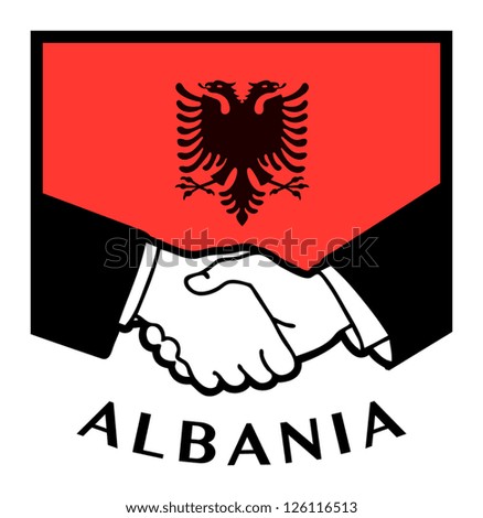 Albania flag and business handshake, vector illustration