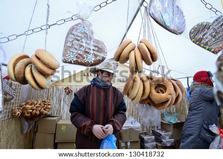 VILNIUS, LITHUANIA - MARCH 2: Unidentified people trades food in annual traditional crafts fair - Kaziuko fair on Mar 2, 2013 in Vilnius, Lithuania