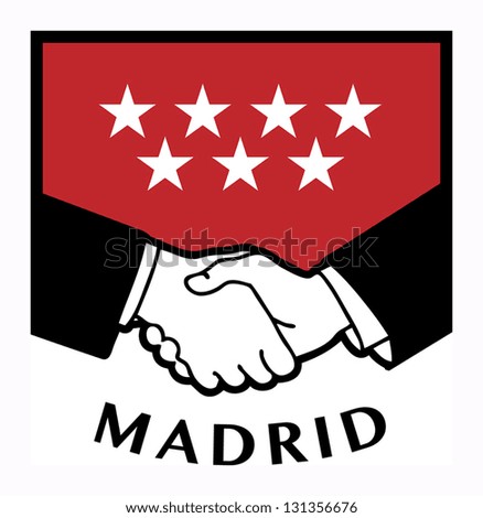 Madrid flag and business handshake, vector illustration
