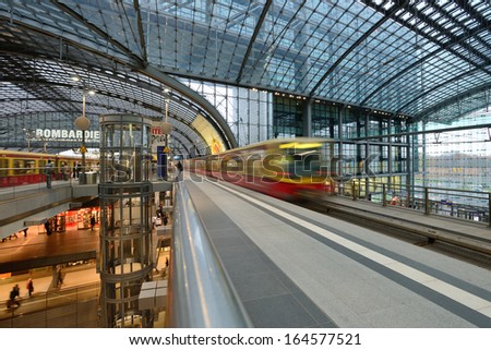 BERLIN - NOVEMBER 23: Berlin Central train station on 23 November 2013 in Berlin, Germany. 1,800 trains call at the station per day and the daily number of passengers is estimated to be at 350,000