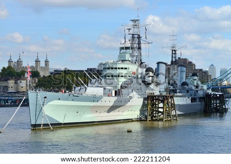 LONDON - OCTOBER 03: HMS Belfast (Royal Navy light cruise) on October 03, 2014 in London, UK. Belfast moored in London on River Thames and operated by the Imperial War Museum.
