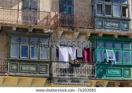 Color old balconies in Valletta, Malta