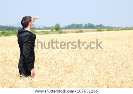 Business man explore the wheat