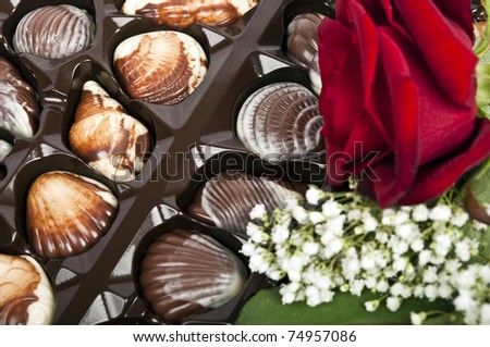 Rose and chocolate box close up
