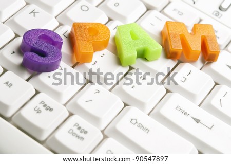 Spam word made by colorful letters on keyboard