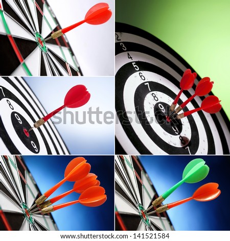 collage of five images,darts arrows in the target center