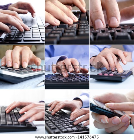 Composite of nine close-up images of businessmen hands using the technological devices keyboards of computers, mobile phones and calculators