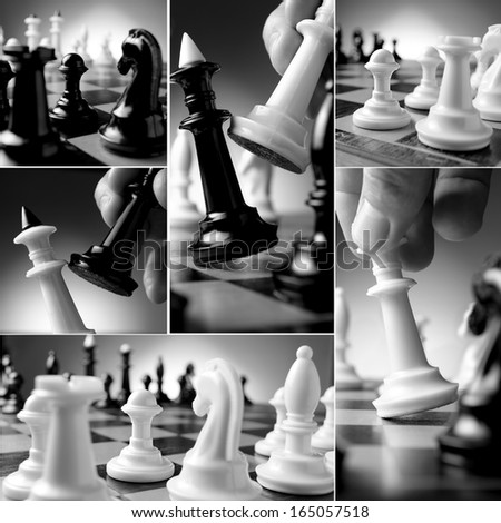 set of black and white pictures on the theme of chess, chess pieces on a chess board and hand figure makes a move