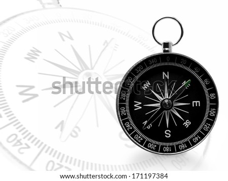 Black magnetic portable compass with a bigger transparent one on white background