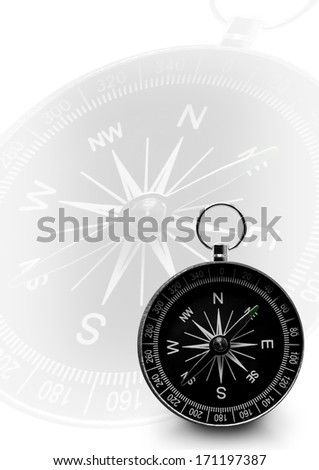 Black magnetic portable compass with a bigger transparent one on white background